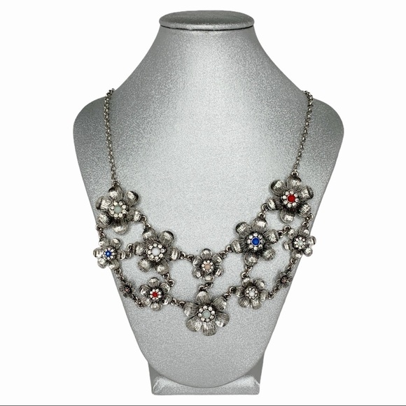 STATEMENT PIECE Necklace Silver color Double strand Colorful Flowers Floral - Picture 1 of 3